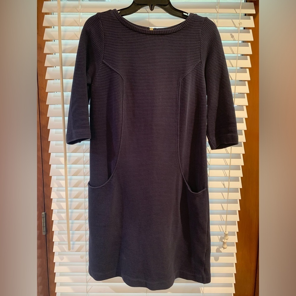 Boden Dress Ottoman Shift 6 L Navy Blue Jasmine ¾ Sleeve Ribbed Pockets Zip Back